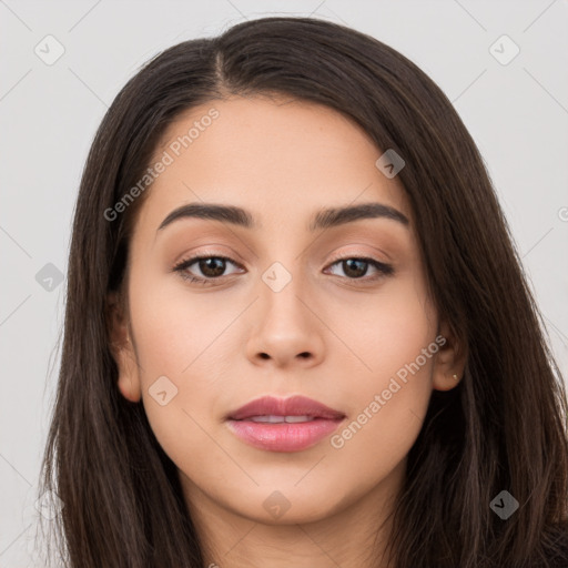 Neutral white young-adult female with long  brown hair and brown eyes