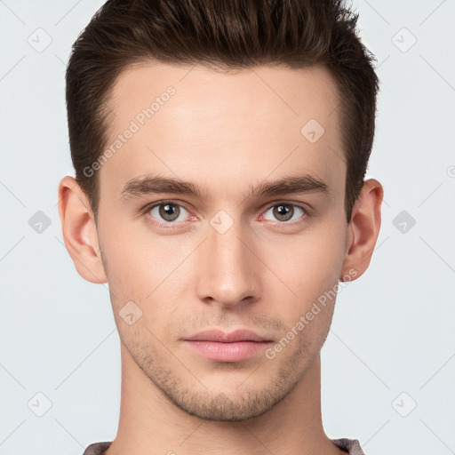 Neutral white young-adult male with short  brown hair and brown eyes