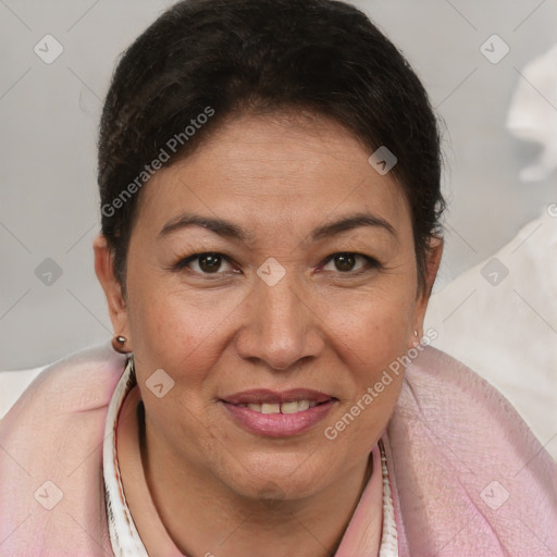 Joyful white adult female with short  brown hair and brown eyes