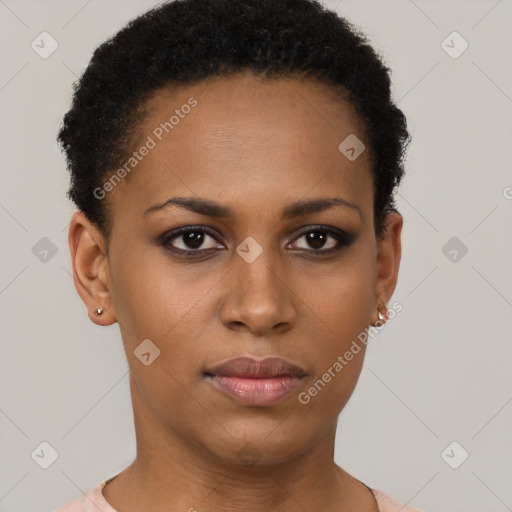 Neutral black young-adult female with short  black hair and brown eyes