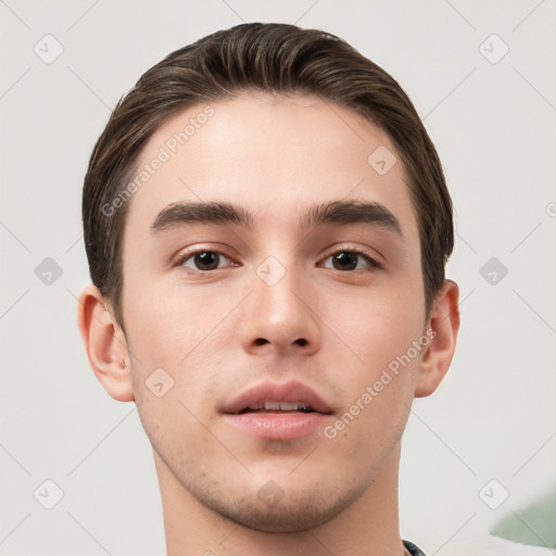 Neutral white young-adult male with short  brown hair and brown eyes