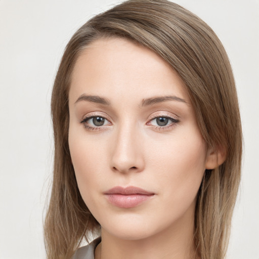 Neutral white young-adult female with long  brown hair and grey eyes