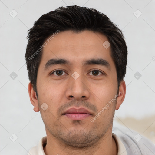 Neutral asian young-adult male with short  black hair and brown eyes