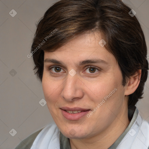 Joyful white adult female with medium  brown hair and brown eyes