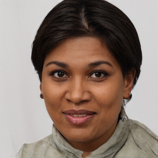 Joyful black adult female with short  brown hair and brown eyes