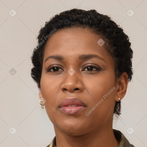 Neutral black young-adult female with short  brown hair and brown eyes