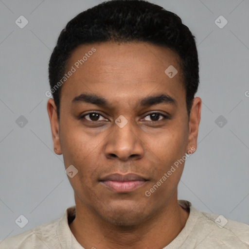 Neutral latino young-adult male with short  black hair and brown eyes