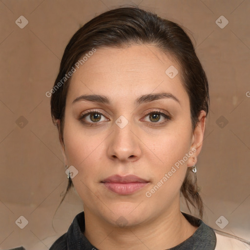 Neutral white young-adult female with medium  brown hair and brown eyes