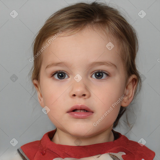 Neutral white child female with medium  brown hair and blue eyes