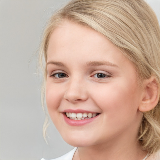 Joyful white child female with medium  brown hair and blue eyes