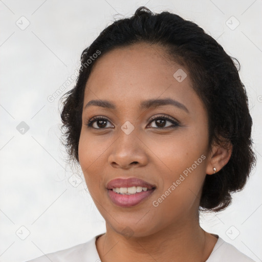 Joyful latino young-adult female with medium  black hair and brown eyes