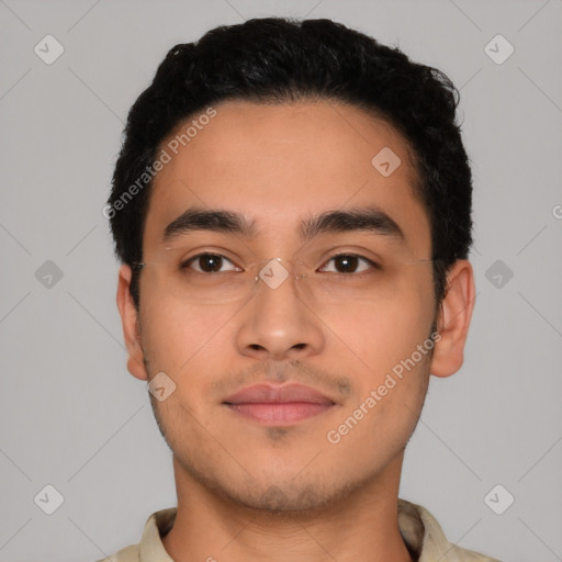 Neutral latino young-adult male with short  black hair and brown eyes