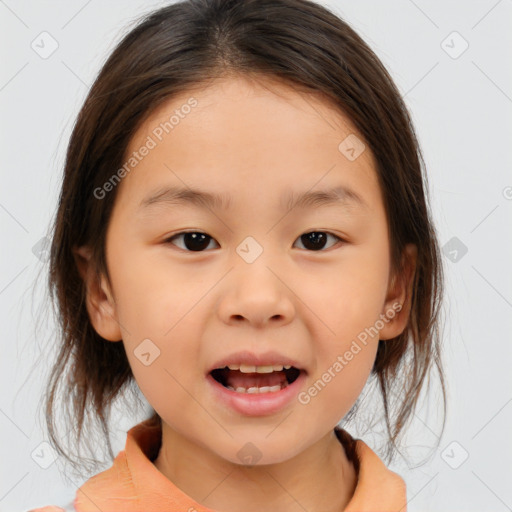 Joyful white child female with medium  brown hair and brown eyes