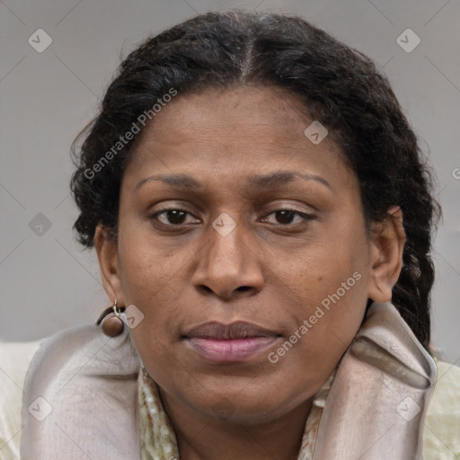 Joyful black adult female with medium  brown hair and brown eyes