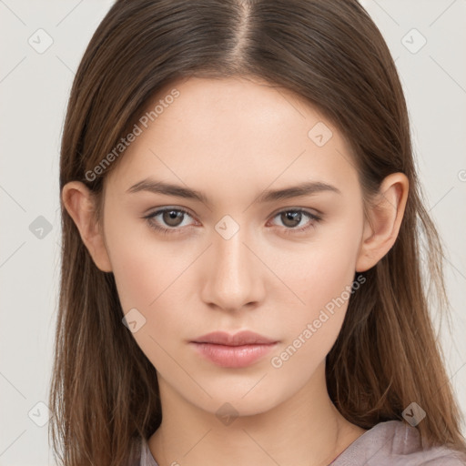 Neutral white young-adult female with long  brown hair and brown eyes