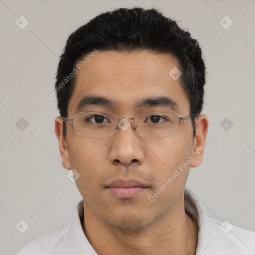 Neutral asian young-adult male with short  black hair and brown eyes