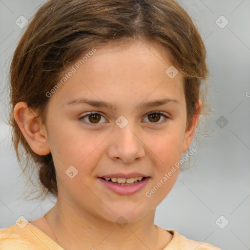 Joyful white child female with medium  brown hair and brown eyes