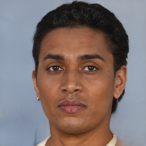 Neutral latino young-adult male with short  brown hair and brown eyes