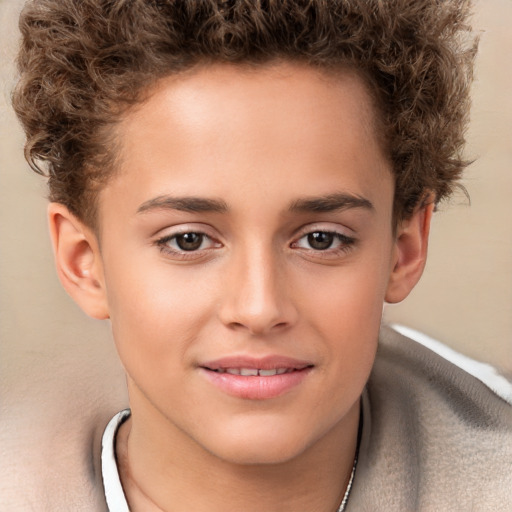 Joyful white child female with short  brown hair and brown eyes