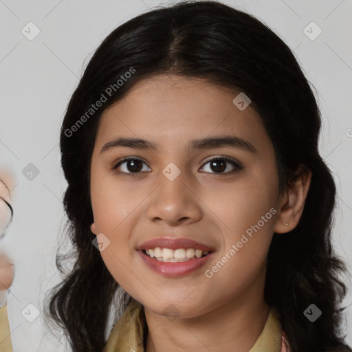 Joyful latino young-adult female with medium  black hair and brown eyes