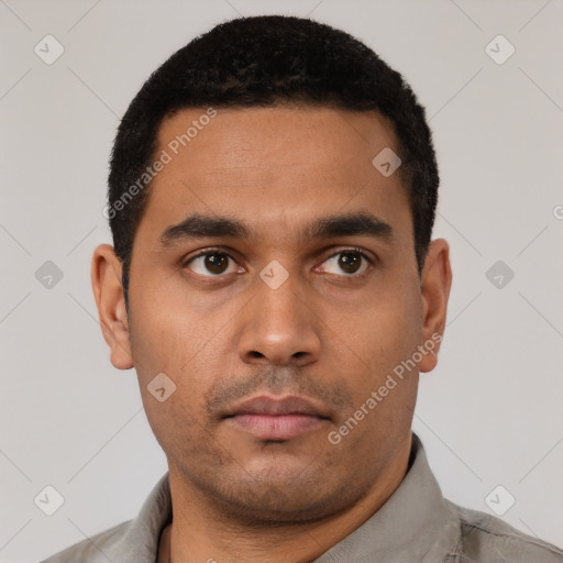 Neutral latino young-adult male with short  black hair and brown eyes