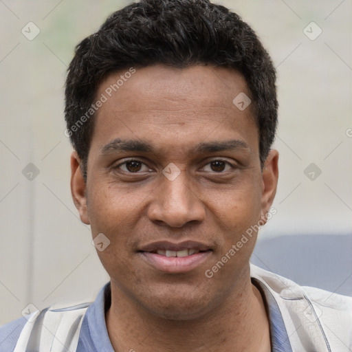 Joyful white young-adult male with short  black hair and brown eyes