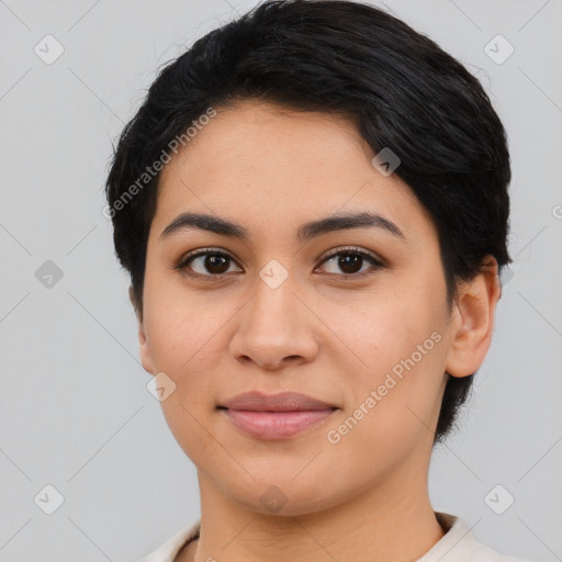 Joyful asian young-adult female with short  black hair and brown eyes