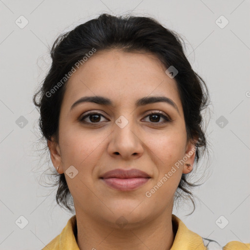 Joyful latino young-adult female with medium  brown hair and brown eyes