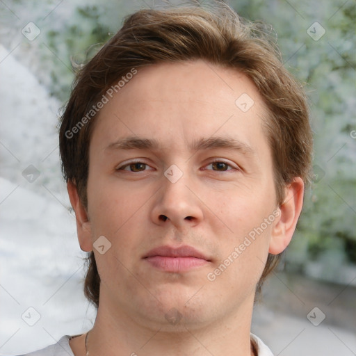 Neutral white young-adult male with short  brown hair and grey eyes