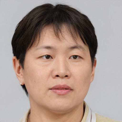 Neutral asian adult female with short  brown hair and brown eyes