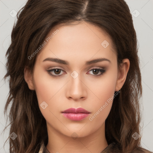 Neutral white young-adult female with long  brown hair and brown eyes