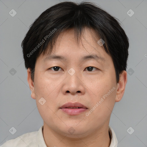 Joyful asian adult male with short  brown hair and brown eyes