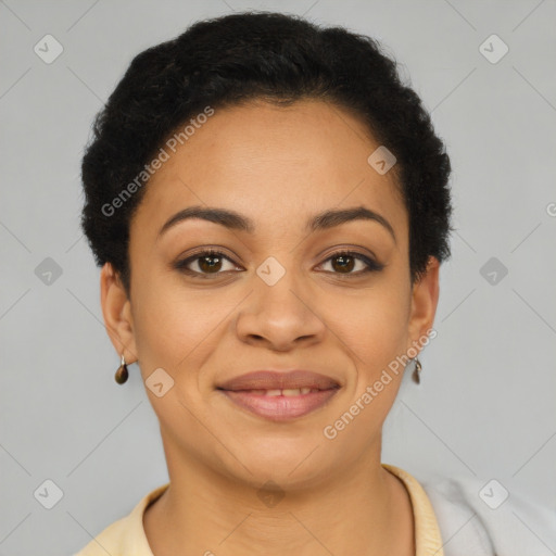 Joyful latino young-adult female with short  brown hair and brown eyes