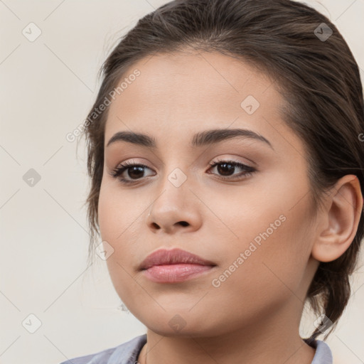 Neutral white young-adult female with medium  brown hair and brown eyes