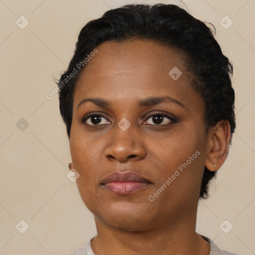 Neutral black young-adult female with short  black hair and brown eyes