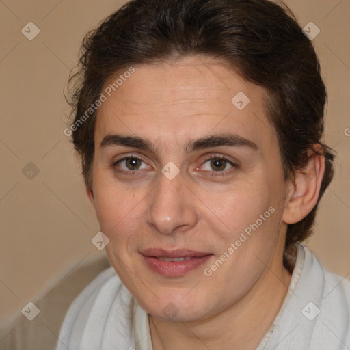 Joyful white adult female with short  brown hair and brown eyes