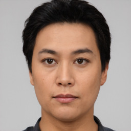 Neutral asian young-adult male with short  black hair and brown eyes