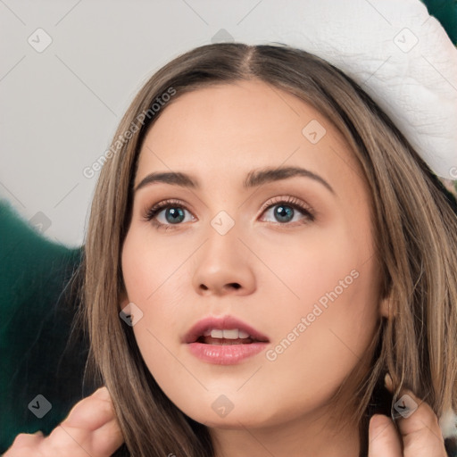 Neutral white young-adult female with long  brown hair and brown eyes