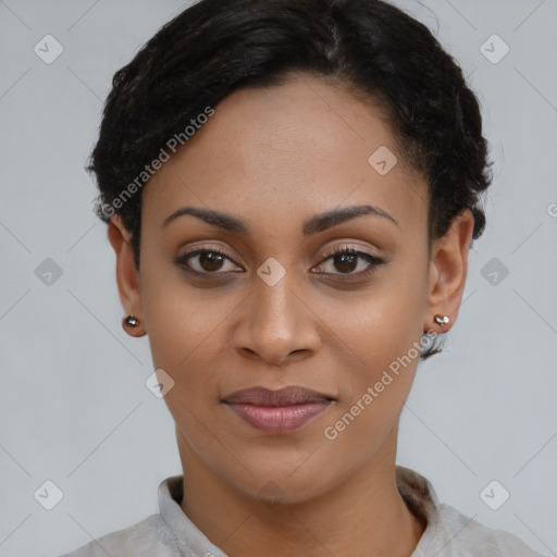 Joyful latino young-adult female with short  brown hair and brown eyes