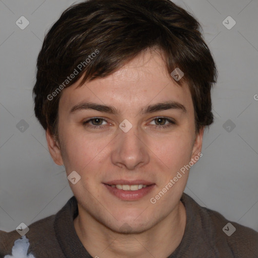 Joyful white young-adult male with medium  brown hair and brown eyes