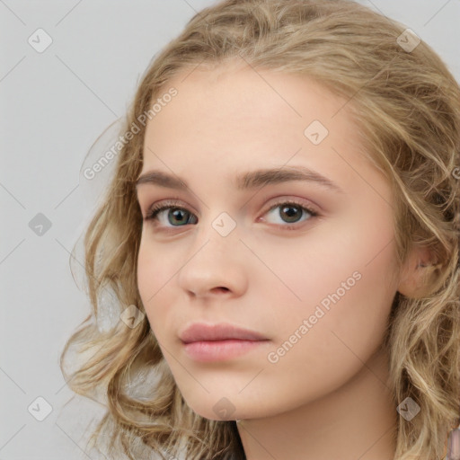 Neutral white young-adult female with medium  brown hair and blue eyes