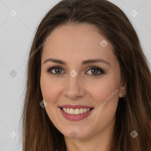 Joyful white young-adult female with long  brown hair and brown eyes