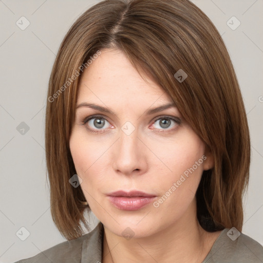 Neutral white young-adult female with medium  brown hair and green eyes