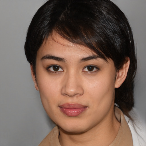 Neutral white young-adult female with medium  brown hair and brown eyes