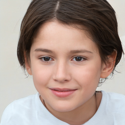 Joyful white child female with medium  brown hair and brown eyes