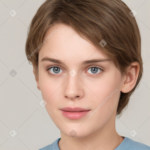 Neutral white young-adult female with short  brown hair and grey eyes