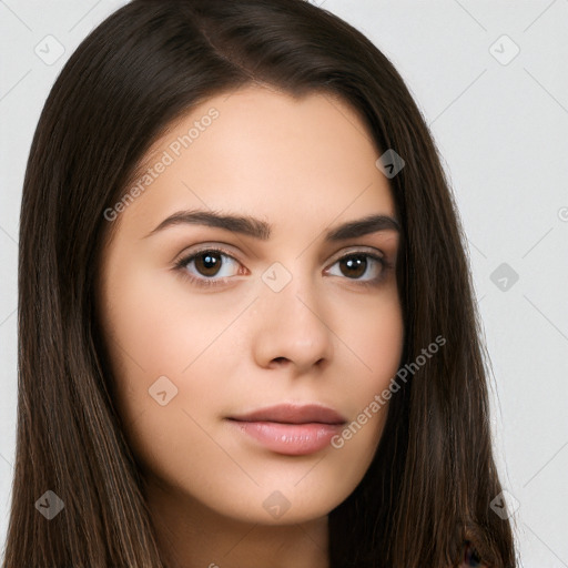 Neutral white young-adult female with long  brown hair and brown eyes