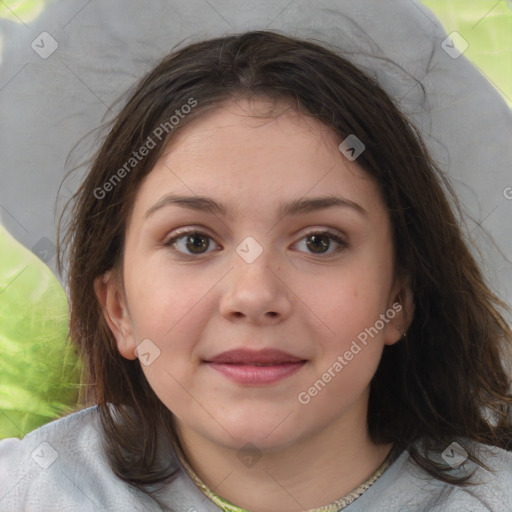 Joyful white child female with medium  brown hair and brown eyes