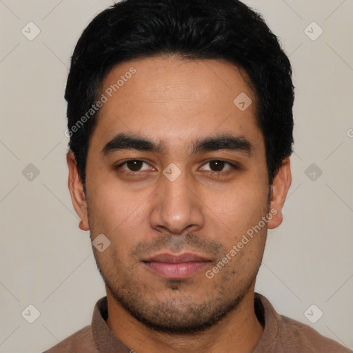 Neutral latino young-adult male with short  black hair and brown eyes