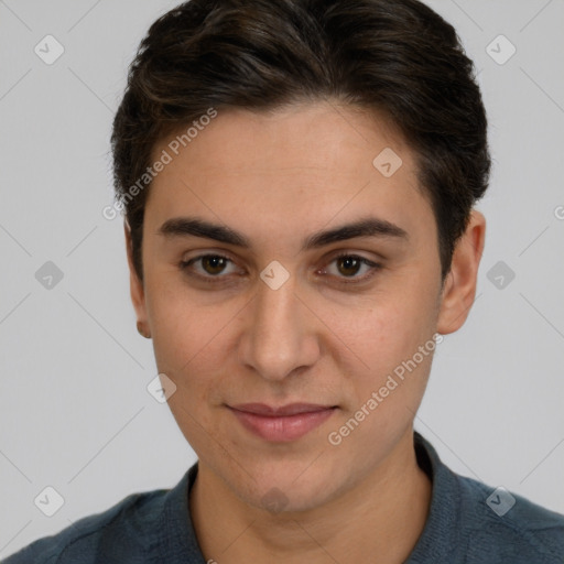 Joyful white young-adult female with short  brown hair and brown eyes